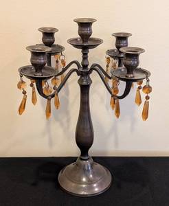 lot 138A image: LL - Vintage 5-Arm Metal Candelabra with Amber Glass Prisms