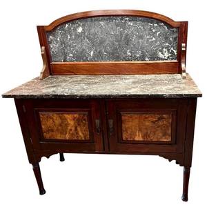 lot 7H image: DR - Vintage Two-Piece Marble-Top Sideboard Buffet Cabinet