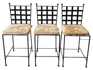 lot 8H image: K - Set of 3 Black Metal Counter Stools with Cushioned Seats