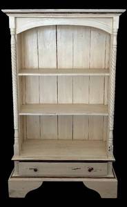 lot 15H image: MBR - Vintage Distressed Cream Wooden Bookcase with Drawer