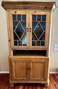 lot 19X image: K  - Vintage Milling Road Wood China Cabinet with Leaded Glass Doors
