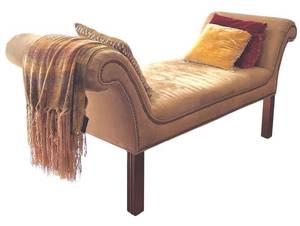lot 22H image: LR - Vintage Tan Chaise Lounge with Nailhead Trim and Accent Pillows