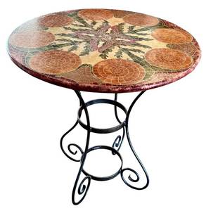lot 26H image: ML - Mosaic Tile Top Round Table with Wrought Iron Base