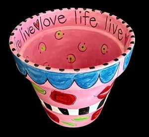 lot 142H image: ML - Hand-Painted Decorative Terracotta Flower Pot with Metal Coaster Set