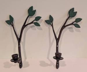 lot 139L image: LL - Pair of Leaf Branch Painted Metal Wall Sconces with Mounting Screws