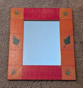 lot 142L image: LL - Decorative Small Mirror with Textured Orange and Red Frame