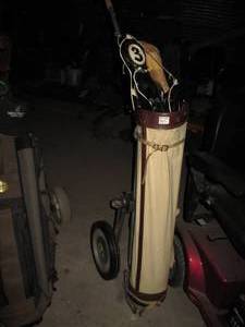 lot 229 image: Vintage canvas golf bag with caddy ...