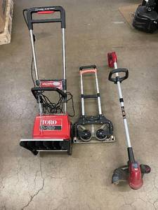 lot 3 image: Toro S-120 Electric Snow Blower, Foldable Dolly, and 24V Toro String Trimmer Set