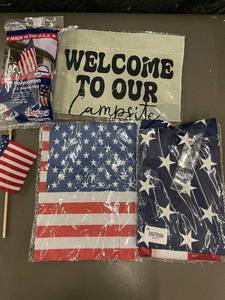 lot 39 image: Patriotic Flag Display Set with Welcome to Our Campsite Banner