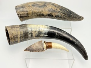 lot 60 image: Unique Ethically Harvested Buffalo Horns from India and Antler Arrowhead Knife