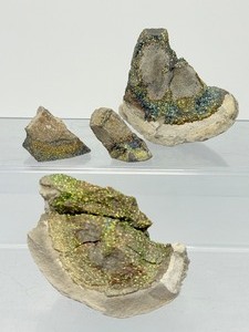 lot 97 image: Rainbow Pyrite Lot of 4  249 gm  8.7 oz. It is an iridescent variety of Pyrite known for its stunning, natural play of colors.  This rare form exhibits a metallic luster with rainbow shimmer.