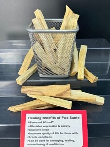 lot 255 image: Palo Santo Sticks and Container Used for smudgingcleansing. Authentic palo santo comes from  the tree species Bursera Graveolens, known as Holy Wood, naturally fallen and aged for a minimum of 3 years.