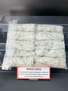 lot 279 image: White Sage Bundle of 10 Also known as sacred sale or bee sage.  Native exclusively to southern California and northern Baja California, Mexico.  Used for smudging to clear negative energy, promote healing, & carry prayers.