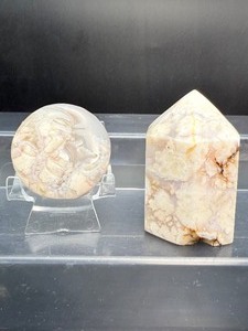 lot 274 image: Polished Flower Agate Lot of 2 Tower and Round flat palmstone Total Weight 323 gm.  11.4 oz.