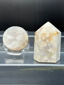 lot 274 image: Polished Flower Agate Lot of 2 Tower and Round flat palmstone Total Weight 323 gm.  11.4 oz.
