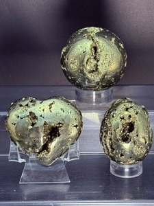 lot 1 image: Gorgeous Pyrite Lot of 3 (Heart, Sphere and Egg)