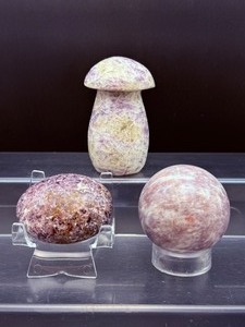 lot 129 image: Lepidolite Polished Lot of 3 Mushroom 234 gm.  8.2 oz. Sphere 49mm, 199 gm.  7 oz. and Palmstone  93 gm.  3.2 oz.