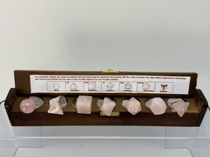 lot 16 image: New Rose Quartz Sacred Geometry Set in wood box with latch.  See description.