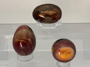 lot 17 image: Petrified Wood Lot of 3 Egg, Pamstone and Sphere Weight in description.