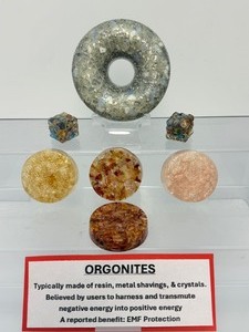lot 296 image: Orgonite Lot of 7 Donut, 2 Die, and 4 circles.  Composed of metal shavings, crystals and resins. EMT protection