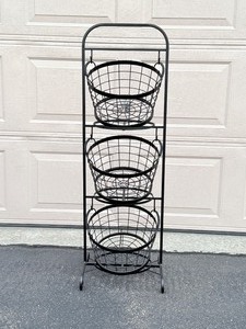 lot 124 image: 3 Basket Black Metal Stand Baskets can sit flat or tilt forward, well built and sturdy