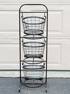 lot 124 image: 3 Basket Black Metal Stand Baskets can sit flat or tilt forward, well built and sturdy