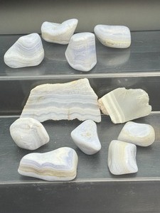 lot 160 image: Blue ChalcedonyBlue Lace Agate Rough Lot of  9 tumbles and 2 small slabs  224 gm.  8.2 oz.