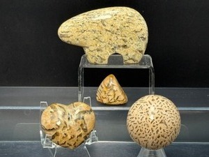 lot 165 image: Zebradorite Polished Lot of 4 Zuni Bear 217 gm.  7.6 oz. Believed to be guardians of the West & are associated with great strength.  Sphere51mm, 210 gm.  7.4 oz.  Heart 85 gm.  3 oz.  Tumble 22 gm.  .7 oz.  Total Lot Weight 534 gm.  1.18 lbs.