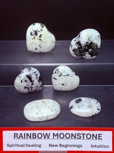 lot 42 image: Rainbow Moonstone Polished Lot of 6 4 hearts & 2 tumbles    Total Weight 258 gm.  9.1 oz.