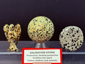 lot 171 image: Dalmation Jasper Polished Lot of 3 47mm Sphere, angel, & palmstone    Total Weight 235 gm  8.2 oz.