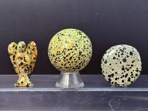 lot 171 image: Dalmation Jasper Polished Lot of 3 47mm Sphere, angel, & palmstone    Total Weight 235 gm  8.2 oz.