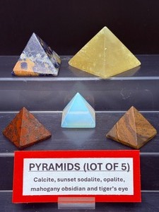 lot 172 image: Pyramids Polished Lot of 5 Calcite, Sunset Sodalite, Mahogany Obsidian, Opalite, and Tigers Eye. Total Weight 413 gm  14.5 oz.