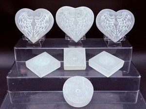 lot 121 image: Selenite Lot of 7 3 Heart Charging Plates, 3 square Sphere Holders & 1 Round Disc Sphere Holder Total Weight 1 k 277 gm  2.814 lb.
