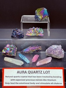 lot 182 image: Aura Quartz Misc. Lot of 10 chunky tower, 4 geode clusters, 1 kyanite blade and 4 small points.   Total Weight 307 gm  10.8 oz