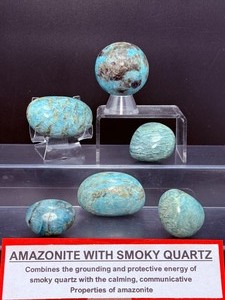 lot 189 image: Amazonite With Smoky Quartz Polished Lot of 6  Sphere 46mm, 160 gm  5.7 oz  5 palmstones 334 gm  11.7 oz  Total weight 493 gm (12 kilo)  1 lb.
