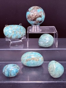 lot 189 image: Amazonite With Smoky Quartz Polished Lot of 6  Sphere 46mm, 160 gm  5.7 oz  5 palmstones 334 gm  11.7 oz  Total weight 493 gm (12 kilo)  1 lb.
