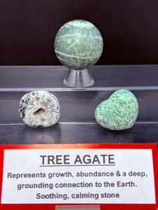 lot 194 image: Tree Agate Polished Lot of 3 sphere, heart and palmstone   sphere 40mm, 111gm  4 oz  heart 67 gm  2.3 oz.  palmstone 25 gm  .8 oz  Total Weight 258 gm  9.1 oz