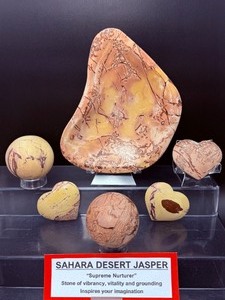 lot 197 image: Sahara Desert Jasper Polished Lot of 6 Platedish 567 gm (12 kilo)  1.248 lb.  sphere 55mm, 277 gm  9.7 oz  sphere 54mm, 261 gm  9.2 oz  3 hearts 218 gm  7.6 oz  Total Weight 1 kilo 326 gm  2.92 lb.