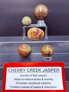 lot 278 image: Cherry Creek Jasper Polished Lot of 5 slab 140 gm.  4.9 oz. egg 100 gm.  3.5 oz. sphere 37mm  84 gm  2.9 oz.  2 palmstones 70 gm.  2.4oz.  Total Weight 396 gm.  14 oz.