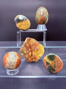 lot 199 image: Cherry Creek Jasper Polished Lot of 5 slab 140 gm  4.9 oz  eff 100 gm  3.5 oz  sphere 37mm, 84 gm  2.9 oz.  2 palmstones 70 gm  2.4 oz.  Total Weight 396 gm  14 oz.