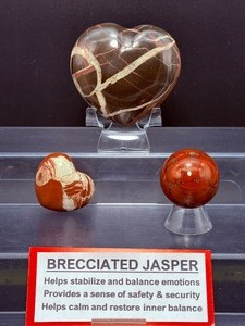 lot 186 image: Brecciated Jasper POlished Lot of 3Heart 357 gm.  12.6 oz., Sphere 37 mm  76 gm.  3 oz., Heart 63 gm.  2.2 oz.  Total Weight 510 gm. 1 lb. 1.9 oz.