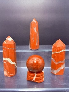 lot 205 image: Brecciated Jasper Polished Lot of 4 sphere and matching stand 28mm, 60 gm  2.1 oz  3 small towers 170 gm  6 oz.  Total Weight 230 gm  8.1 oz.