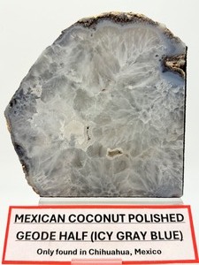 lot 190 image: Mexican Coconut Polished Geode Half (Icy Gray Blue) from Chihuahua, Mexico.  1 k 917 gm.  4 lb. 3.6 oz