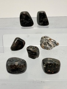 lot 243 image: Astrophyllite Tumbles Lot of 7 130 gm  4.6 oz.  A rare, brown to golden-yellow hydrous potassium iron titanium silicat mineral known for its ditinctive starburst or firework pattern of bladed crystalsf