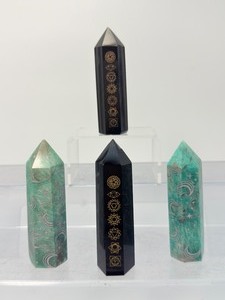 lot 237 image: Sun Phase Amazonite Tower Lot of 2 and Moon & Stars Black Obsidian Tower Lot of 2.  Total Weight 344 gm. 12.1.oz.