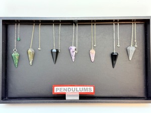 lot 147 image: Gemstone Pendulums Lot of 7 with Wood Yes, No, Maybe Grid lepidolite, black obsidian, fuchsite, black tourmaline, hematite, amethyst & smoky quartz