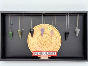 lot 147 image: Gemstone Pendulums Lot of 7 with Wood Yes, No, Maybe Grid lepidolite, black obsidian, fuchsite, black tourmaline, hematite, amethyst & smoky quartz