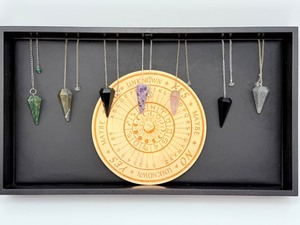 lot 147 image: Gemstone Pendulums Lot of 7 with Wood Yes, No, Maybe Grid lepidolite, black obsidian, fuchsite, black tourmaline, hematite, amethyst & smoky quartz