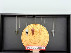 lot 215 image: Gemstone Pendulum Lot of 5 Sunstone, Moss Agate, Rainbow Moonstone, Pyrite and Red Jasper