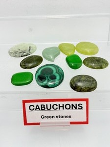lot 272 image: Cabuchon Green Stone Lot of 11 malachite, aventurine, 2 Gaia stones, prehnite, 2 serpentine, 2-jade and a vesuvianite